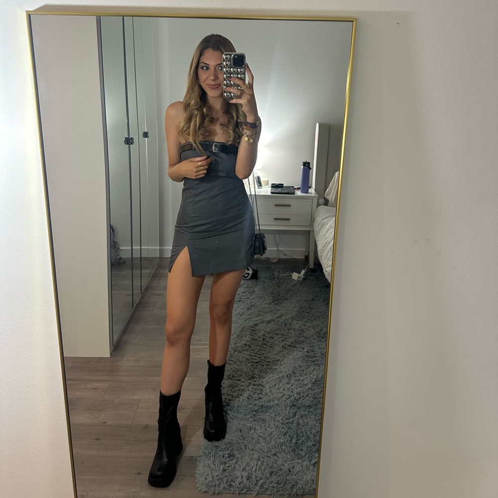 strapless mini dress with belt detail